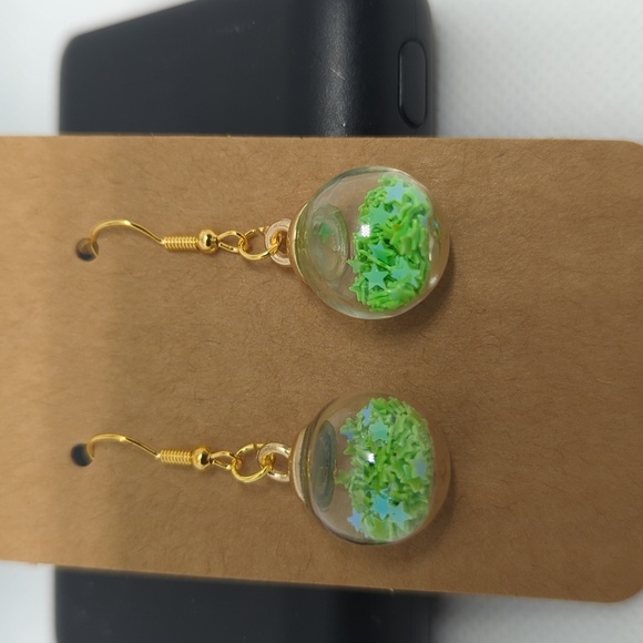 Lime Green Star Glitter Ball Earrings - Picture 2 of 3